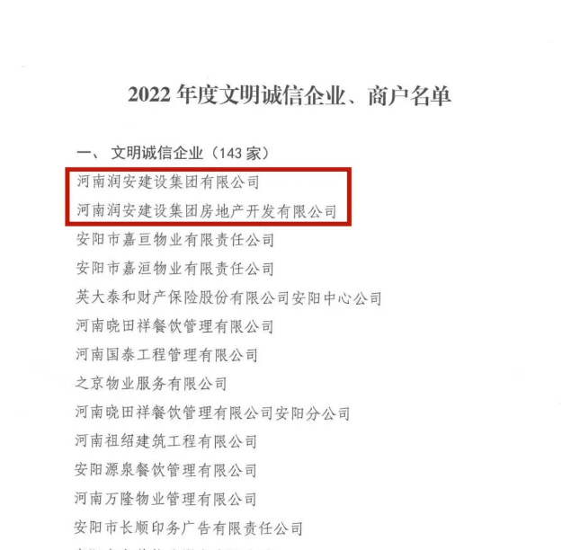 喜報丨集團及地產公司均榮獲“安陽市2022年度文明誠信企業”榮譽稱號